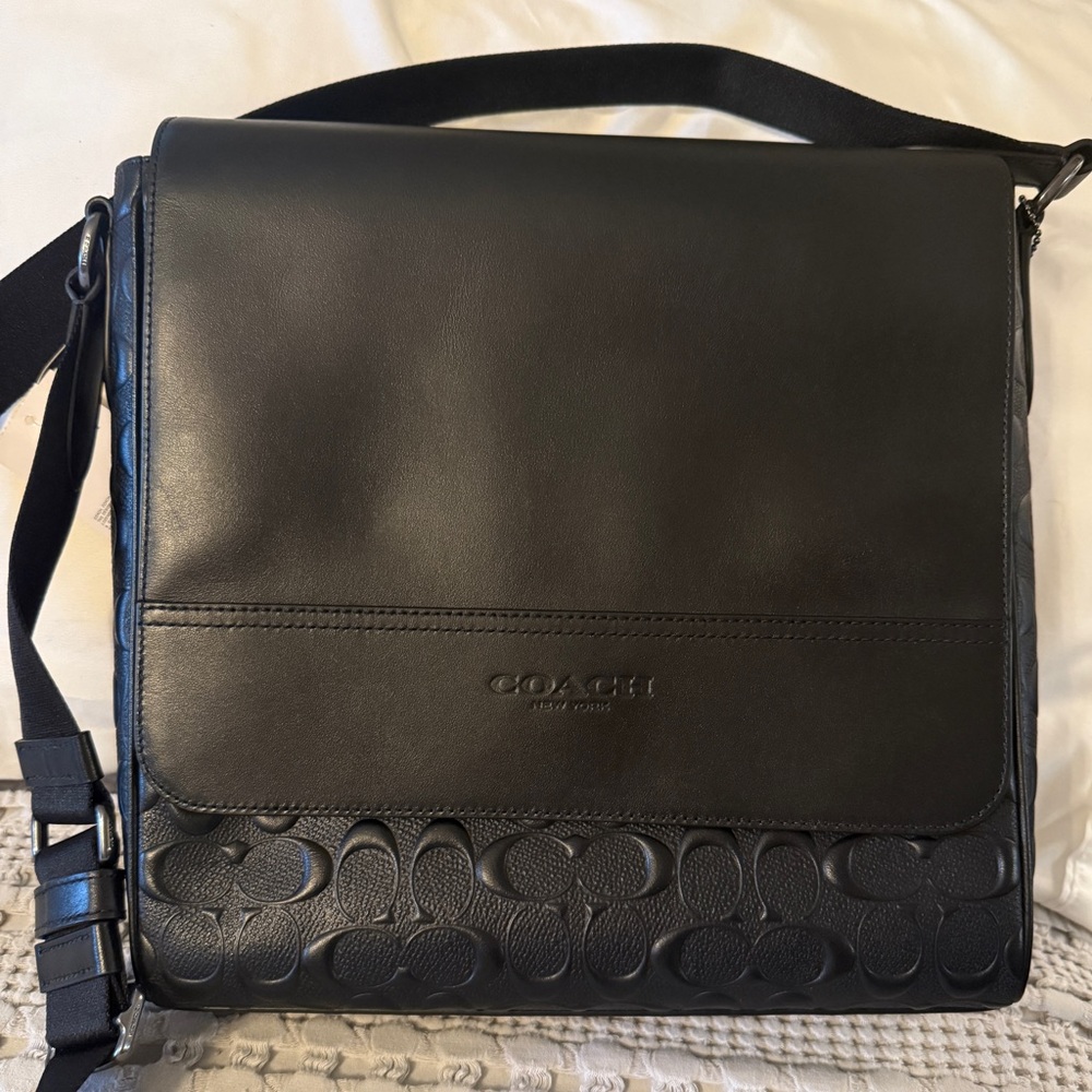 Coach Embossed Black Leather Messenger Bag